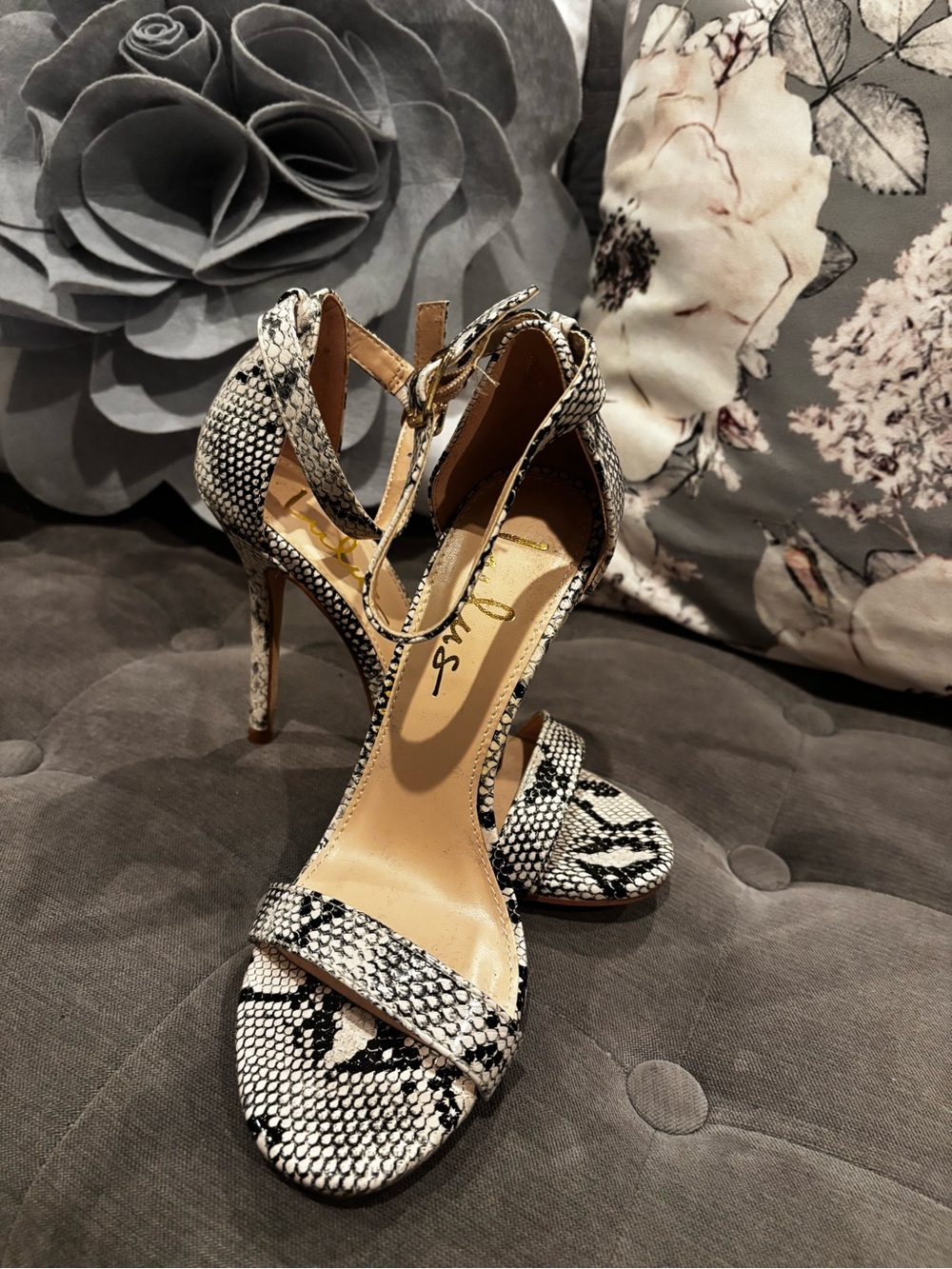 Lulu’s Snake-Print Ankle Strap Heels